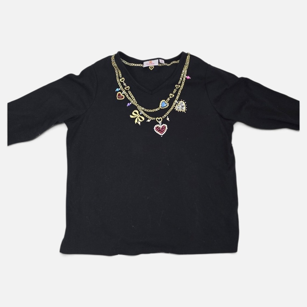 Quacker Factory Black Embellished Top V-Neck Heart Charm Embroidery Grandmacore